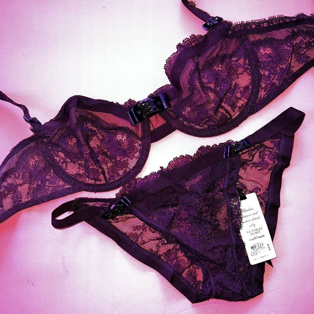 Victoria's Secret DESIGNER COLLECTION 34C BRA SET S panty Purple VELVET BOWS